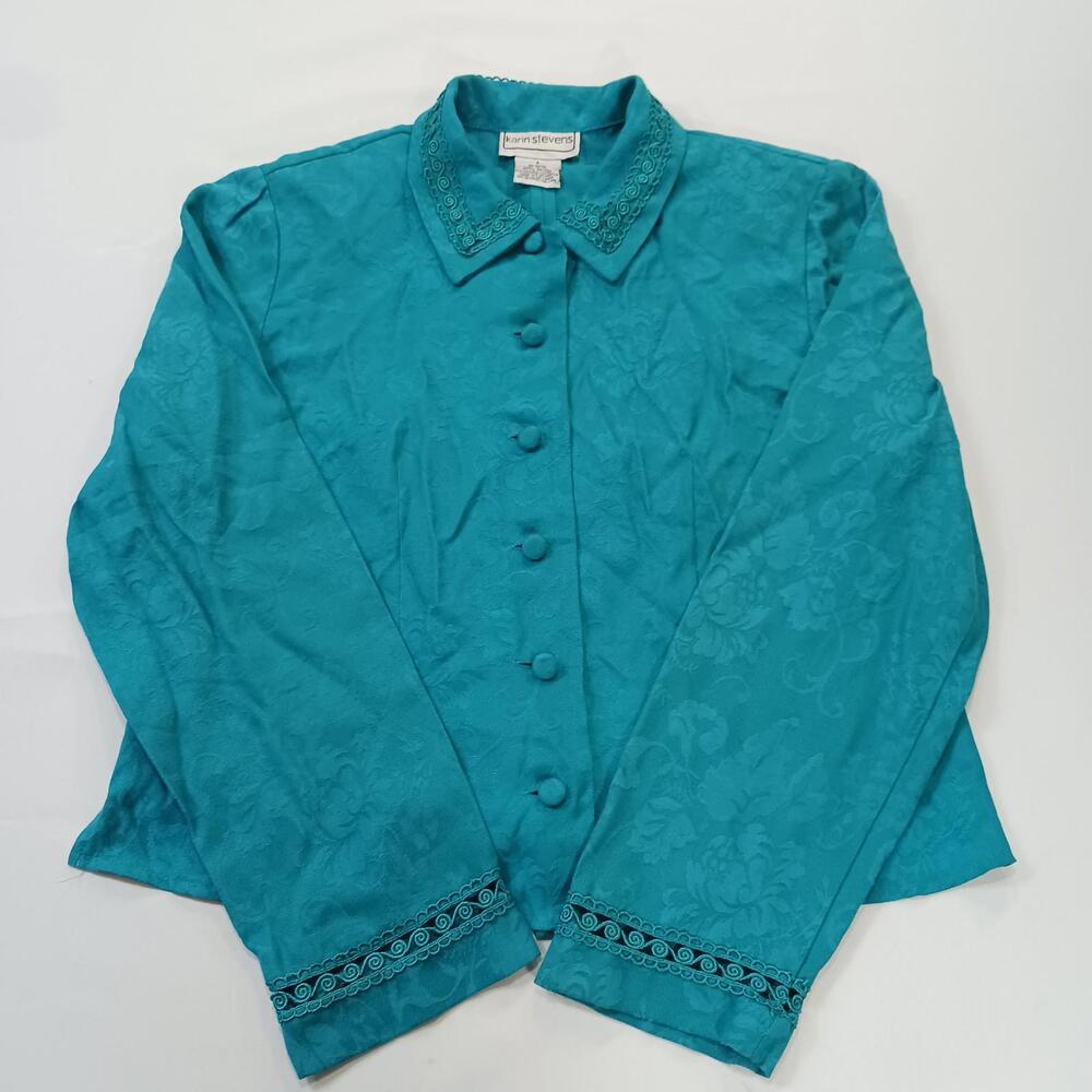 Karin Stevens Women's Turquoise Open Back Front Button Blazer Jacket Size 8 - Picture 15 of 16